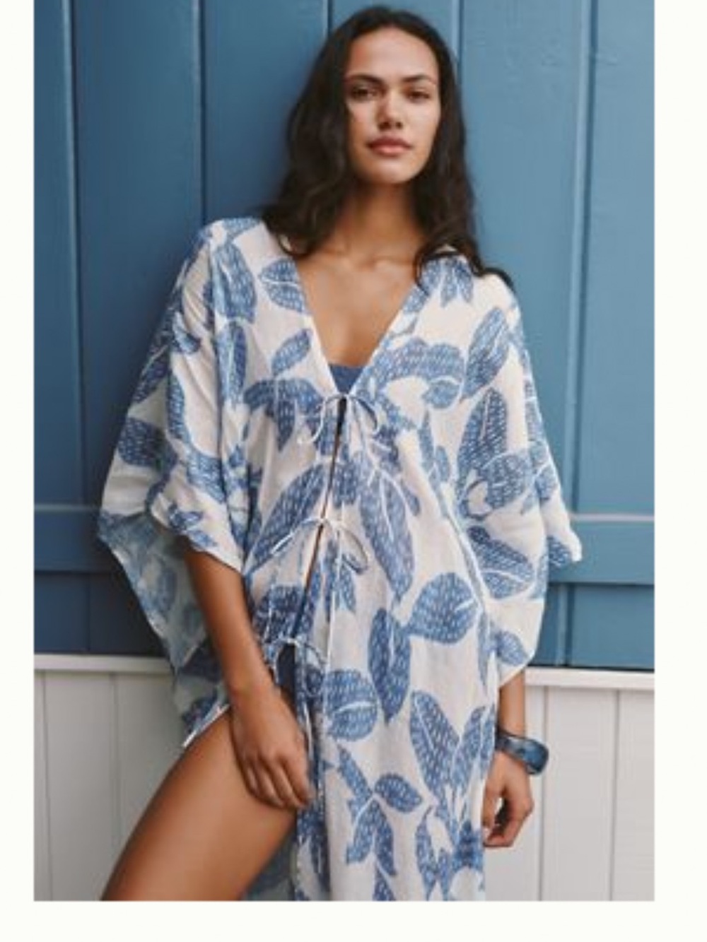 Anthropologie Blue Leaf Print Cover-Up Kaftan - Women's Swimwear